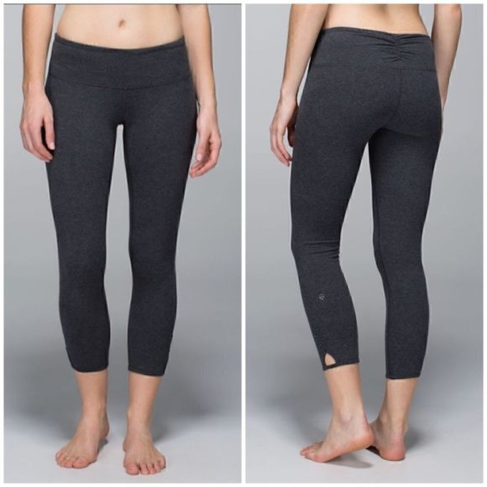 Lululemon Dhanurasana Crop II Leggings Dark Gray Ruched Back Cut Out Hem Sz 6